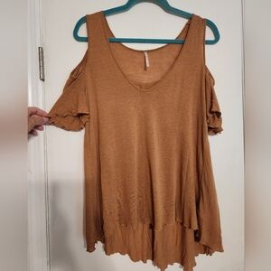 Free people linen blend cold shoulder tan top